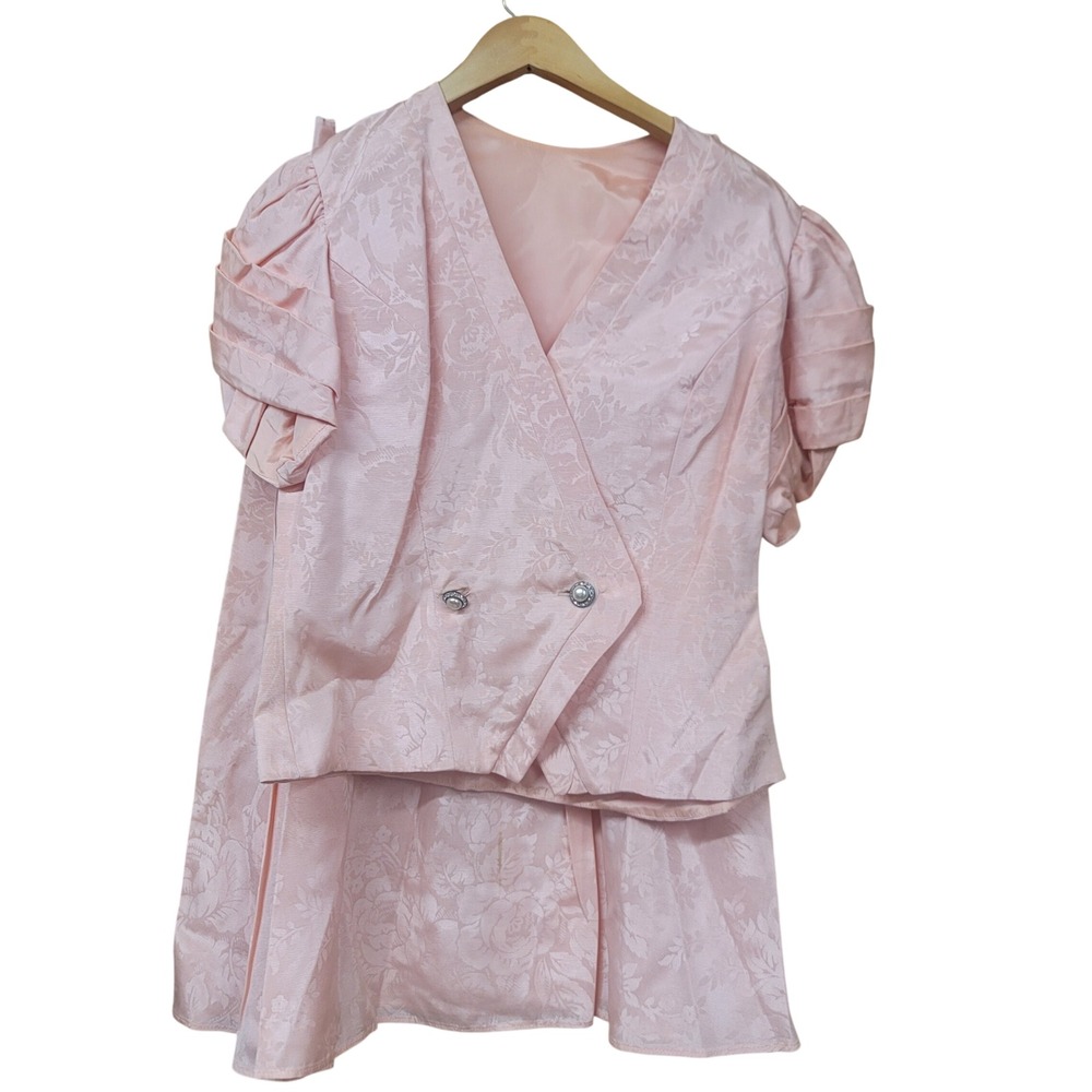 Vintage 80's Co-ord Regencycore Floral Damask Skirt Suit Set Pleated Puff Sleeve